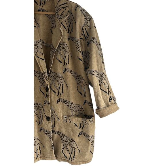 Vintage Medium Cotton Made in India Giraffe Block Print Canvas Blazer Jacket - Picture 4 of 7